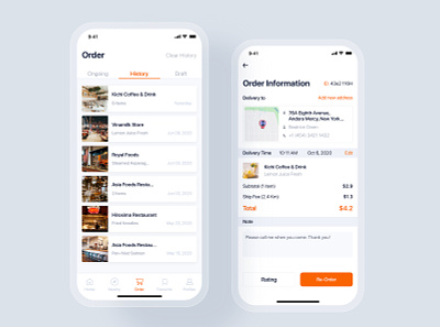 Order History - Food Delivery UI Kit app authentication booking checkout deliver delivery food food app interface map view material minimal mobile onboaring order ordering profile restaurant tracking ui kit