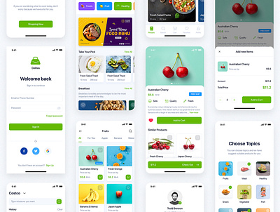 Delites - Online Grocery & Recipes UI Kit agriculture app ui booking delivery eatables ecommerce electronics food food delivery interface material mobile online grocery order ordering recipes supermarket tracking ui ui kit