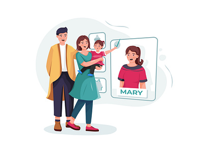 Family couple with baby choosing nanny online.