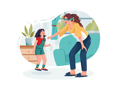 Young babysitter nanny playing funny game with kid girl at home boy character childhood children daycare drawing family girl illustration motherhood nursery person sister sitter sitting son toddler toy toys vector