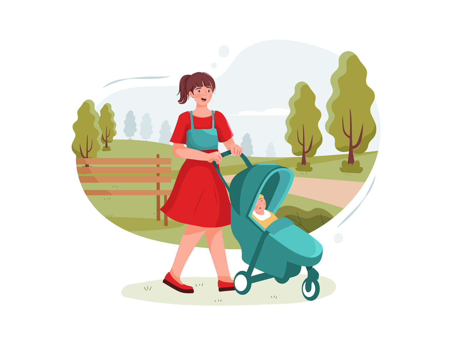 Teen nanny with cute baby in stroller playing in park boy character childhood children daycare drawing family girl illustration motherhood nursery person sister sitter sitting son toddler toy toys vector