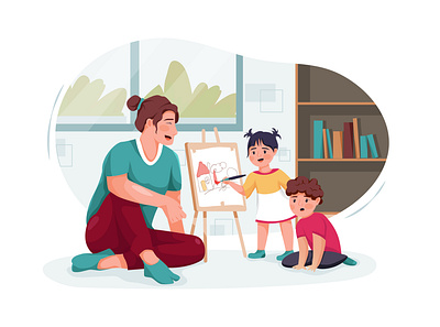 Nanny with cute little children playing and drawing at home boy character childhood children daycare drawing family girl illustration motherhood nursery person sister sitter sitting son toddler toy toys vector