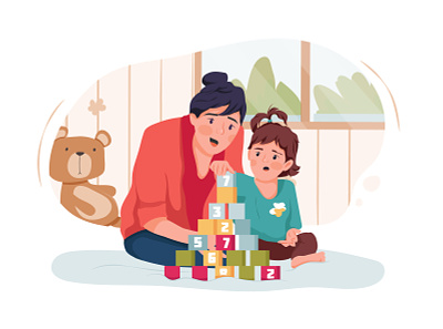 Babysitter and baby girl playing with toy cubes at home boy character childhood children daycare drawing family girl illustration motherhood nursery person sister sitter sitting son toddler toy toys vector