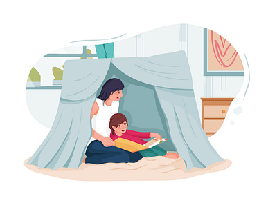 Nanny and little children reading book in tent at home boy character childhood children daycare drawing family girl illustration motherhood nursery person sister sitter sitting son toddler toy toys vector