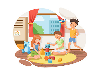 Kindergarten Illustration concept activity child childhood children class colorful cute drawing education illustration kid kids kindergarten little play playroom preschool room school toy