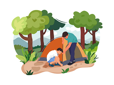 Father and Son putting up a tent illustration active activity adventure bonfire camp campfire campsite countryside family fire flat forest fun hiking holiday illustration journey landscape lifestyle mountain