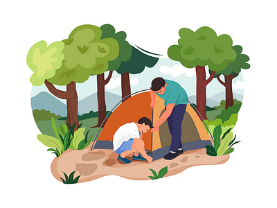 Father and Son putting up a tent illustration