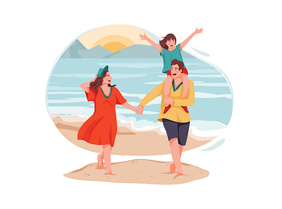 Happy family walking on the ocean beach active activity adventure bonfire camp campfire campsite children countryside family fire summer tent tourism tourist travel trekking trip vacation vector