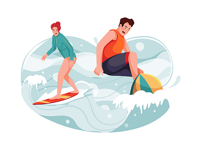 Adult Man and Woman Riding Waves on Surfboard active activity adventure bonfire camp campfire campsite children countryside family fire summer tent tourism tourist travel trekking trip vacation vector