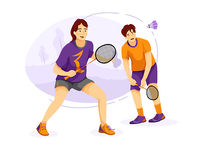 Young man and girl playing badminton outdoors