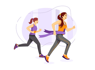 Women winning and cross finish line of marathon action active activity adult biking concept design exercise health healthy illustration interface lifestyle marathon outdoor practicing sport vector workout