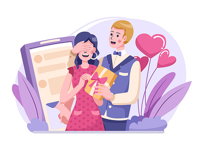 Happy Valentine's Day Scene beautiful bigo celebrate couple in love dating flirting floral happy heart illustration love lovely match meet romance romantic sweet tinder valentines day