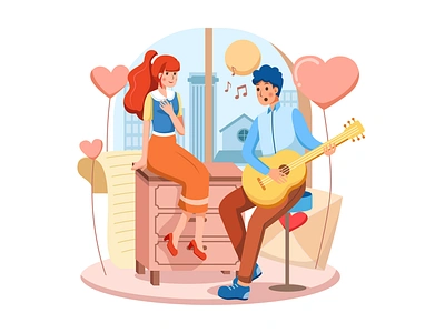 Happy Valentine's Day Scene beautiful bigo celebrate couple in love dating flirting floral happy heart illustration love lovely match meet romance romantic sweet tinder valentines day