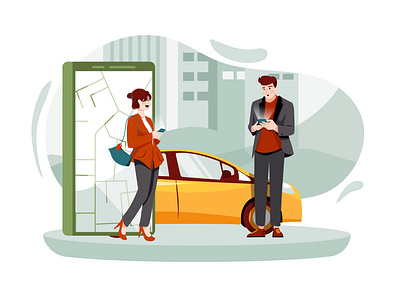 Taxi Service Scene Illustration concept book business car sharing carsharing delivery destination drive driver gps mobile app navigation parking rent ride road share sharing car transfer uber yellow