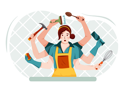 Busy Women Scenes Illustrations busy female housewife housework illustration job lifestyle mother multitasking stress tasking tired woman work worker