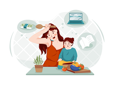 Busy Women Scenes Illustrations busy female housewife housework illustration job lifestyle mother multitasking stress tasking tired woman work worker