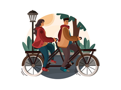 Man and woman are cycling on a double bike in the park activity couple enjoying family friends illustration indoor jogging life lifestyle outdoor party sport summer vacation