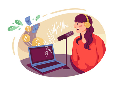 Podcast Monetizing Illustration audio broadcast communication device digital headphone headphones host illustration podcast podcasting sound speaker streaming voice