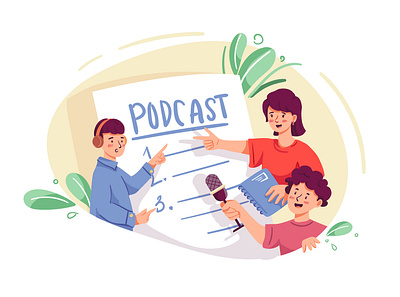 Podcasting Team Illustration audio broadcast communication device digital headphone headphones host illustration podcast podcasting sound speaker streaming voice