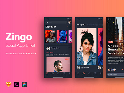 Zingo - Social App UI Kit chat dating feed live message mobile ui profile sign in signup social stream ui ui kit