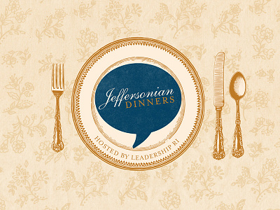 Jeffersonian Dinner Logo conversation dinner engraving fork knife logo plate speech bubble spoon vintage
