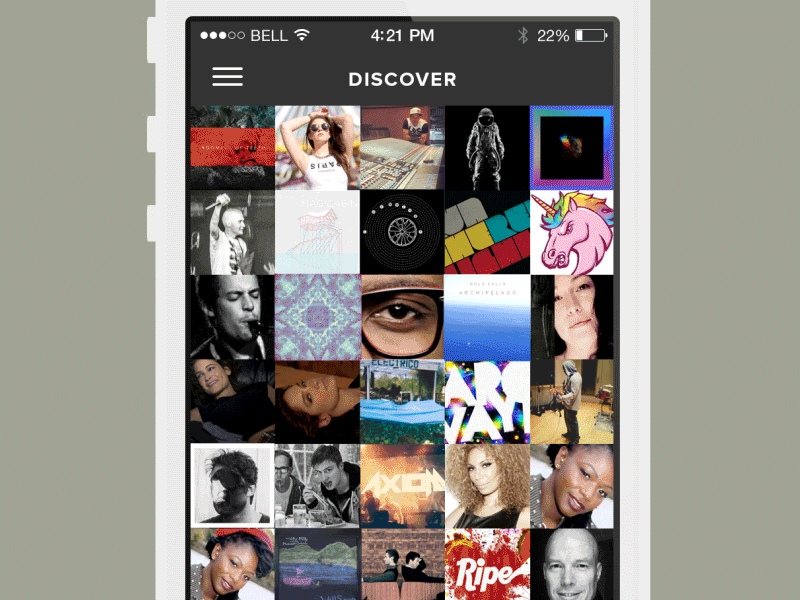 Discover view album art animation gif grid music player thumbnail transition