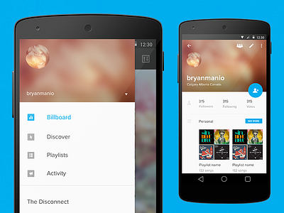 Android L mockups android android l app blur button ios mobile nav playlist profile