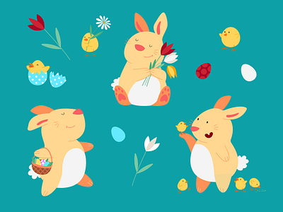 Easter bunnies adobe illustrator beauty bunnies character character design chicken children illustration cute easter easter illustration eggs emotion flowers fun illustration simple vector
