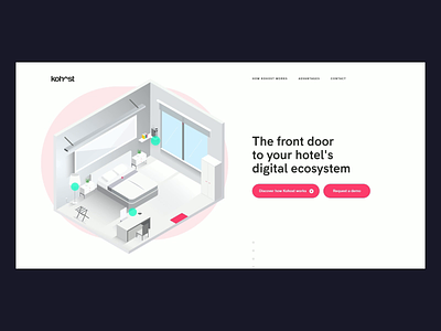 kohost.io animation connected dark dark mode day flat hotel hover illustration interaction isometric minimal night onepage room scroll startup uiux vector webdesign