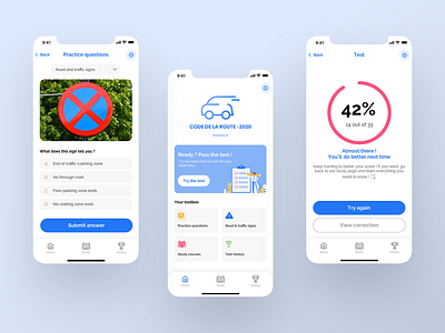 Driving Theory Test App 🚗 app design dribbble dribbble shot driving driving lesson driving test driving theory logo mobile ui ux