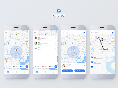 Kindred: User history work-flow android app blue history interface ios kindred map uiux white