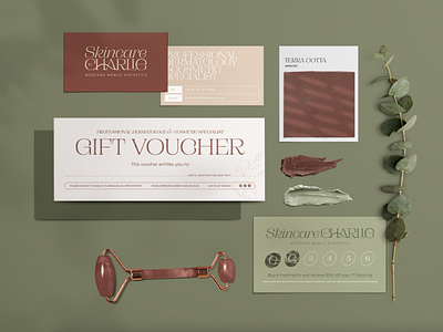 Skincare by Charlie Mockup beauty branding brand design brand identity branding business card business identity colour palette corporate stationery design gift card green branding illustration logo logo design mock up natural pantone skincare sustainble eco friendly brand vector