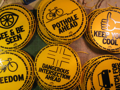 Cyclist signs bike biking coroplast icons interstate screenprint type