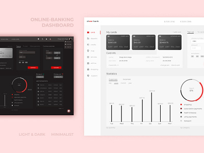 Online-banking dashboard minimalist charts dark mode dark ui finances light light mode light ui online banking red vector