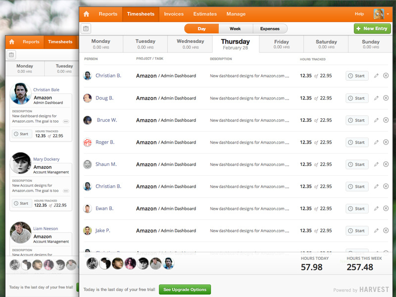 Day View time tracking data people ux web app clean modern simple table grid app ui button segmented control calendar avatar list view dashboard view