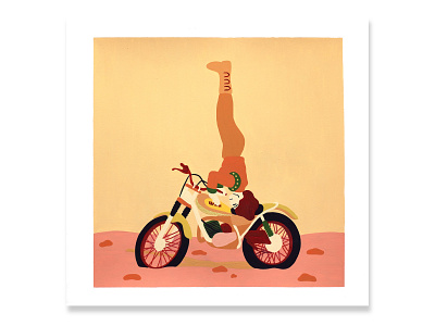 Motorcycle Stunt Rider (Debbie Evans) 1970s desert dirt bike dirtbike gouache hand drawn illustration motorcycle art painting stunts