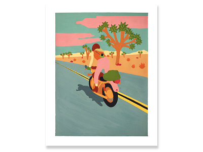 Woman Riding Through the Desert agave babes ride out cactus cafe racer california desert gouache hand drawn illustration joshua tree motorcycle art motorcycles painting