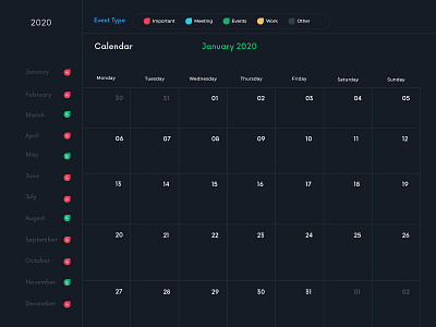 Calendar 2020 | Daily Event 2020 app app ui application calendar calendar ui color block color scheme dashboard dropdown empty event ios meeting menu mobile overview profile reminder ui kit