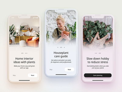 Onboarding screens ~ Mobile app for Plants Care app app concept app design buttons design figma graphic design ios minimal mobile design onboarding pastel colors steps typography ui ui cards ui design ux vector visual design