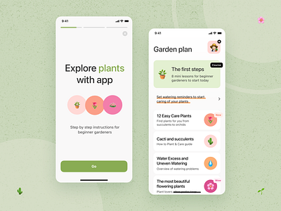 App concept / Garden courses and guides app app concept app design buttons cards figma graphic design green ios main screen minimal mobile onboarding plants ui ux vector