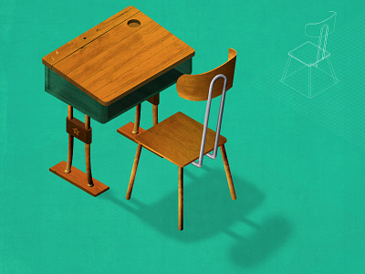 Old school desk and chair 3d design desk illustration isometric school sketch