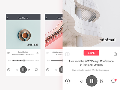 Podcast Player Screen audio episodes ios live minimal monochrome music player podcast simple ui ux