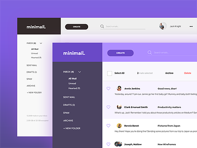 ✉️ minimail. conversations daily ui dashboard email layout letters mail minimal purple ui ux