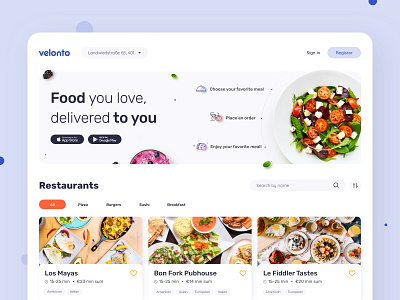 Velonto Food Delivery - Web app application arounda concept figma food delivery interface notification order payment platform product design restaurant search service sketch startup tracking ui ux web design