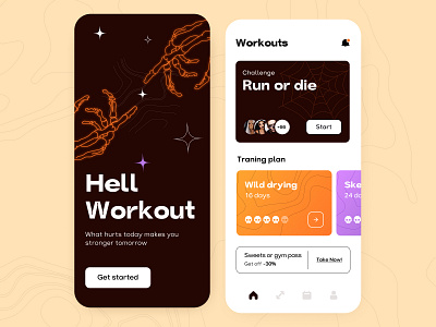 Hell Workout - Mobile app application arounda cards challenge concept design figma fitness health helloween illustration ios mobile notifications plan schedule skelet sport ui ux