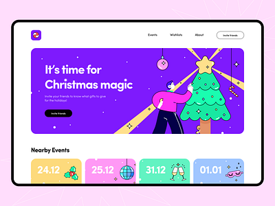 Christmas Wishlist - Landing Page arounda cards christmas color concept desktop disco figma gift golden grid illustration interface new year palette party typography ui ux web wishlist