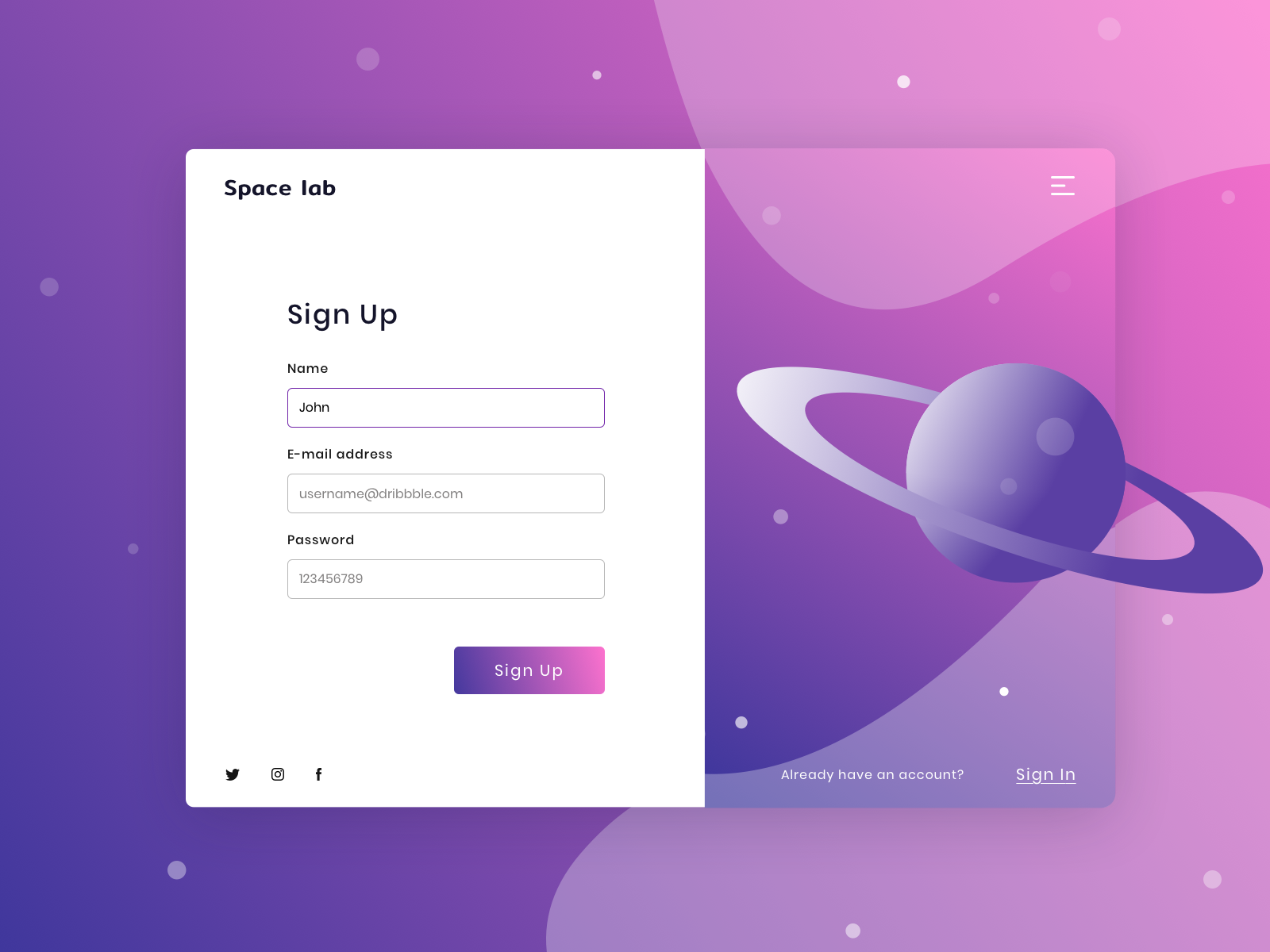 Space UI UX. Проект Signlab. Sign up. Темы для WORDPRESS UI UX.