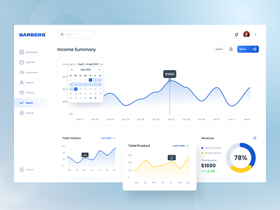 Barbers - Dashboard - Report barber app barbershop clean design clean ui clean ui ux dashboard app dashboard design dashboard ui haircut report design saas app saas design statistics ui design uidesign uiux design uiux designer uiuxdesign uiuxdesigner webdesign