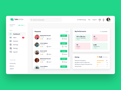 Conversation Teacher Dashboard activity adobe xd dashboard dashboard app dashboard design dashboard template dashboard ui desktop green light notification performance rating request search bar session request sidebar sidebar menu timer white