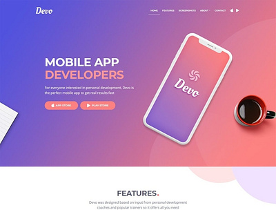 Devo - Mobile App Landing Page Template branding design landing page theme theme design web web design website wordpress